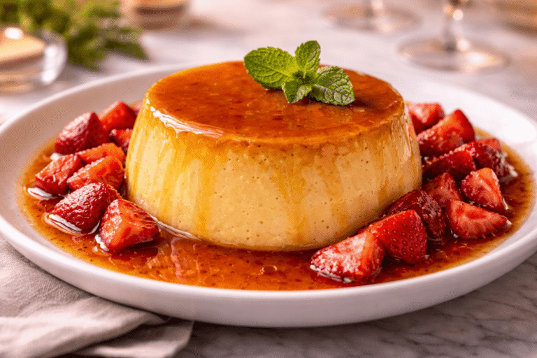 Flan Cremoso con Caramelo y Fresas: Postre Irresistible