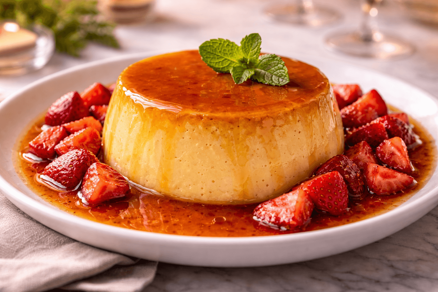 Flan Cremoso con Caramelo y Fresas: Postre Irresistible