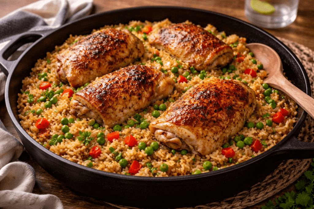 Pollo con Arroz en una Sola Sartén: el Plato Completo que se Limpia Solo