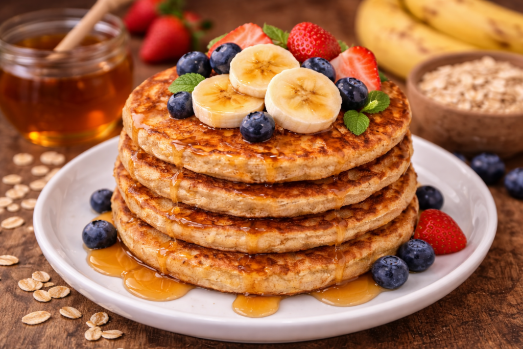 Variaciones Panqueques de plátanos e aveia (café da manhã fácil e saudável)